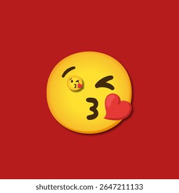 Um rosto de emoji amarelo beijando com um coração vermelho, sobre um fundo vermelho brilhante.