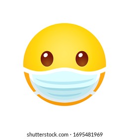 Yellow emoji in face mask. Disease protection and sickness prevention, cartoon emoticon. Isolated vector clip art illustration.