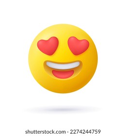 Yellow emoji face smile with red hearts instead of eyes and open smile. Feeling in love emoticon. 3d vector icon. Cartoon minimal style.