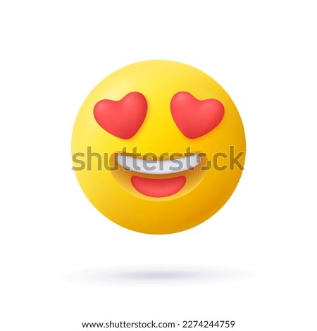 Yellow emoji face smile with red hearts instead of eyes and open smile. Feeling in love emoticon. 3d vector icon. Cartoon minimal style.