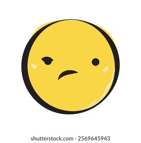 Yellow emoji face winking with a skeptical expression, featuring bold black outlines, minimalistic design, and a white background. Concept of emotions. Vector illustration