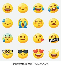 Yellow emoji faces. Heart eyes, Sad crying face and funny laughing LMAO emoji. Nerd emoticon 16 facial expressions and emoticons vector icons set