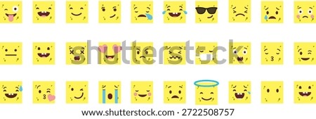 “square yellow emoji faces set with various emotions, flat vector”