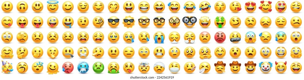 Yellow emoji. Funny emoticons faces with facial expressions. 3D stylized vector icons set - Shutterstock ID 2242561919