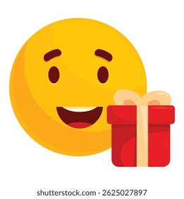 Yellow emoji giving a red present, expressing happiness