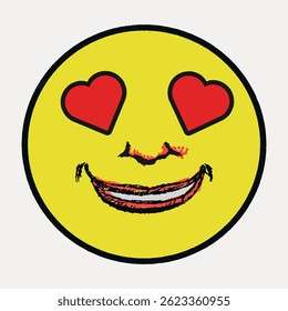 Yellow emoji with heart eyes and a wide smile. Heart eyes emoji expressing love and happiness. Smiling emoji with heart eyes, conveying joy and affection. Vintage illustration vector.