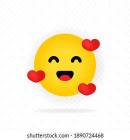 Yellow Emoji Icon. Romantic Emotion. Love Emoji. Heart. Happy Face With Smile Emoticon. Chat, Comment, Reaction Emotes. Social Media Concept. Vector EPS 10. Isolated On Transparent Background