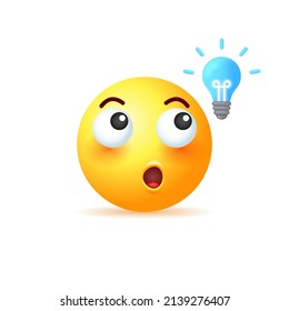 Yellow emoji with light bulb isolated on white background. Vector 3d illustration.