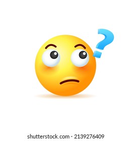 Yellow emoji with question mark isolated on white background. Vector 3d illustration.