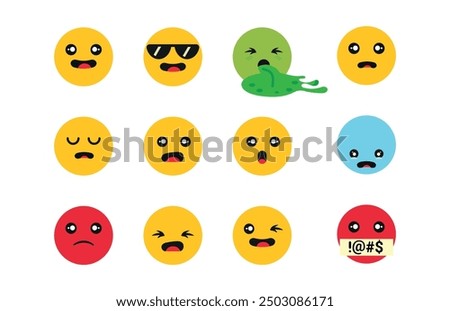 Yellow emoji set with different emotions: happiness, anger, sadness, vomiting, surprise, tiredness. Flat style, typical of chats and social media reactions.