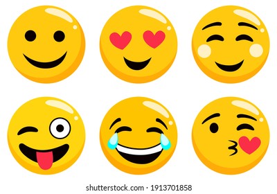 Yellow Emoji Set Isolated On White. Emoticons Or Emotional Icons. Cute Smiling, Happy And Crying, Kissing And Laughing. Heart Eyes, Showing Tongue Round Face Expression Flat Design Vector Illustration