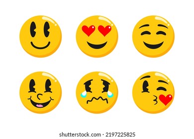 Yellow emoji set isolated on white. Emoticons or emotional icons. Cute smiling, happy and crying, kissing and laughing. Heart eyes, showing tongue round face expression flat design vector illustration