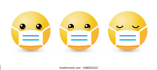 Yellow emoji set with medical mask. Concept of virus protection and quarantine COVID-19