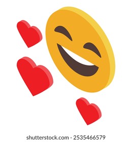 Yellow emoji showing teeth is surrounded by red hearts on white background