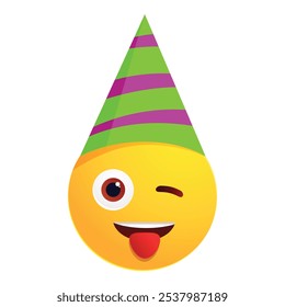 Emoji amarelo usando um chapéu de festa verde e roxo, piscando e esticando a língua