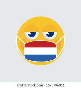 Yellow Emoji Wearing a Medical Mask Shaped Like an Netherland Flag To Prevent The Outbreak Of The Virus Vector Illustration