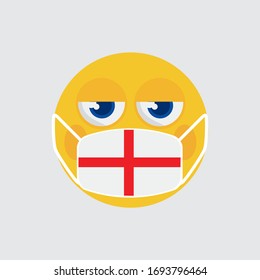 Yellow Emoji Wearing A Medical Mask Shaped Like An England Flag To Prevent The Outbreak Of The Virus Vector Illustration