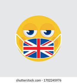 Yellow Emoji Wearing a Medical Mask Shaped Like an United kingdom Flag To Prevent The Outbreak Of The Virus Vector Illustration