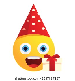 Yellow emoji wearing a red party hat with white polka dots and holding a white present with a red ribbon, looking excited about a birthday celebration