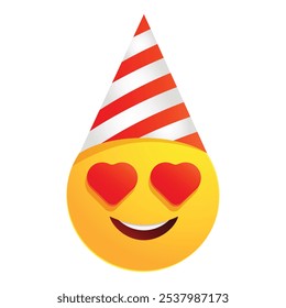 Yellow emoji wearing a red and white party hat with hearts for eyes, smiling and looking happy