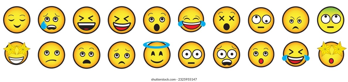 Yellow emojis. Simple style. Happy, angry, in love and sad. Vector smiley face lines.