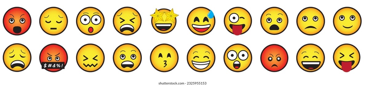 Yellow emojis. Simple style. Happy, angry, in love and sad. Vector smiley face lines.