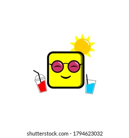 yellow emoticon drinking two soft drinks in the hot sun