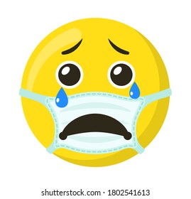 Yellow emoticon and emoji smile in the medical mask, flat vector illustration