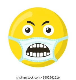 Yellow emoticon and emoji smile in the medical mask, flat vector illustration