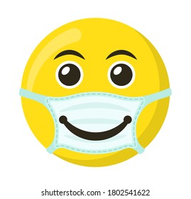 Yellow emoticon and emoji smile in the medical mask, flat vector illustration