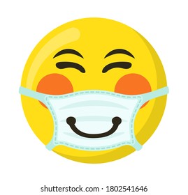 Yellow emoticon and emoji smile in the medical mask, flat vector illustration