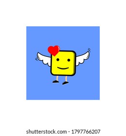 yellow emoticon has wings and feet with the logo of love and a smile