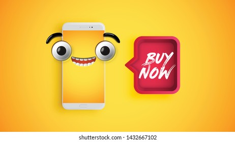 yellow emoticon on a smartphone with a red speech bubble, vector illustration