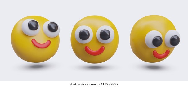 Gelbes Emotikon mit Lächeln und großen Augen. Reaktion des Glücks. Funny Emoji für die Vernetzung. Vektorgrafik im 3D-Stil mit Schatten auf weißem Hintergrund