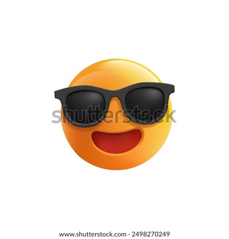 Yellow emoticon smiling in sunglasses, 3D. Beautiful emoji image for advertising concepts. Rest, emotion, summer, sun, positive. Vector illustration.