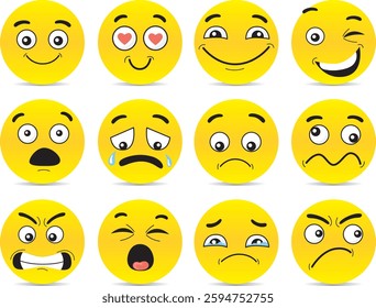 Yellow emoticons expressing emotions on a white background. Set of emoji emoticons with sad and happy mood, evaluation, Increase rating, Customer experience, Satisfaction and best excellent services r