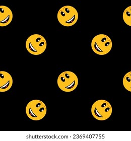 Emoticonos amarillos sobre un fondo negro. Alegría, sonrisas, diversión. Patrón veloz. Ilustración de fondo, diseño decorativo para tela o papel. Nuevo ornamento
