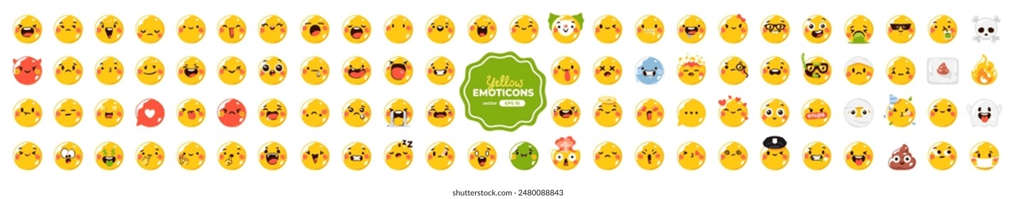 Yellow emoticons set. Emoji set. Vector illustration eps10. Funny faces with facial expressions, UI interface chat icons for messenger app. Social media. Cartoon smile. Isolated. Flat style.