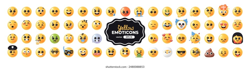 Gelbe Emoticons gesetzt. Emoji-Set. Vektorillustration EPS10. Lustige Gesichter mit Mimik, Chatsymbole der Benutzeroberfläche für Messenger-App. Soziale Medien. Cartoon-Lächeln. Isoliert. 3D.