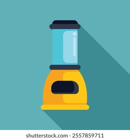 Yellow empty electric blender for making smoothie with long shadow on turquoise background