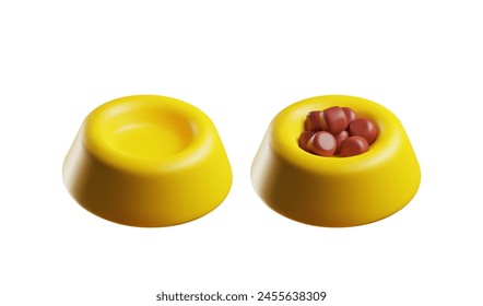 Yellow empty and full of feed pet bowls 3D icon set. Cartoon pet care accessory, food bowl for cats and dogs. Realistic vector illustration isolated on white. Domestic animal eating plate utensil