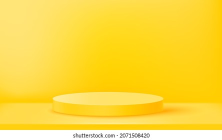 Yellow empty illuminated room with circle platform. Realistic 3d immitation vector illustration