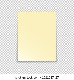 Yellow empty note paper. Vector illustration isolated on transparent background with realistic  shadow. Template for your design. High quality.