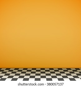 Yellow empty scene with checkerboard floor