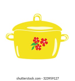 Yellow enamel pot with floral patterns. Vector cartoon. Cooking pan icon.