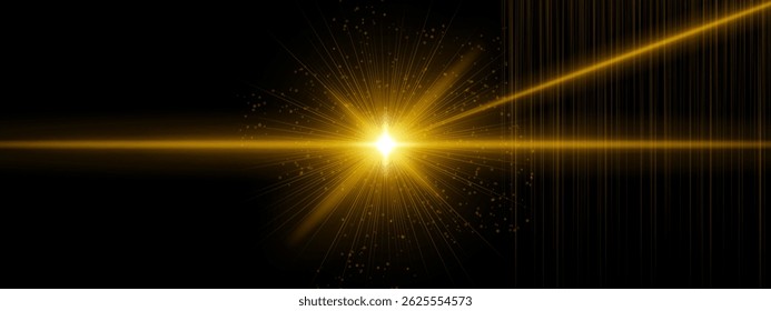 Explosão de energia amarela com raios de chamas e vigas angulares adicionais, partículas digitais espalhadas em fundo preto. Sugere ignição de ficção científica, impacto cósmico a laser.