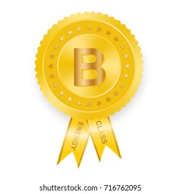 Yellow energy class label with ribbon and gold inscription and star from efficiency B. 3D Color mark rating for electrical appliances and energy saving. Marking the highest energy class 