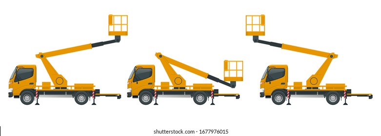 Yellow Engine Powered Scissor Lift isolated on white background. Vector illustration in a flat style. Modern Truck-mounted.