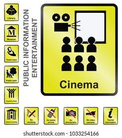 Yellow entertainment related public information signs isolated on white background