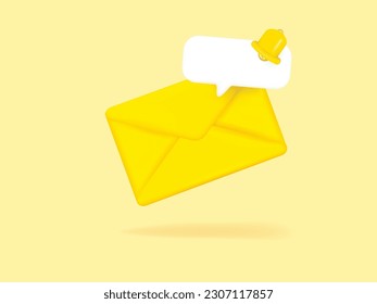 Yellow envelope with bell notification social contact element message alarm web icon 3d rendering vector.